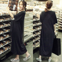 新款夏装韩版女装休闲气质大码宽松短袖连衣裙黑色莫代尔长裙包邮