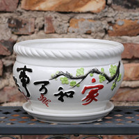陶瓷花盆简约包邮多肉植物大号中国风白色圆形带托盘绿植绿萝盆栽