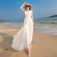 波西米亚海边渡假沙滩裙气质修身高腰真丝连衣裙白色连衣长裙夏仙