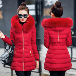 新品韩版时尚修身大毛领连帽中长款羽绒棉衣女冬季显瘦休闲外套潮