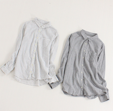 B083035 日本订单 两色入格纹/条纹柔软全棉面料自然修身长袖衬衫