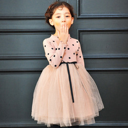 【天天特价】韩版女童长袖连衣裙儿童针织圆点蕾丝公主裙宝宝仙裙