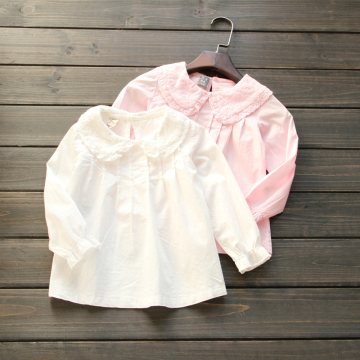 韩版女童纯棉娃娃领衬衫2016秋款白色衬衣女宝宝粉色娃娃衫公主衫