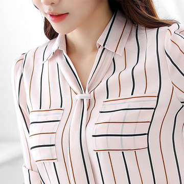 秋装韩版新款小衫女时尚百搭显瘦竖条纹雪纺衫系带领口长袖打底衫