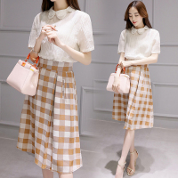 2016夏季韩版棉麻短袖衬衫格子A字裙两件套复古气质小香风套装女
