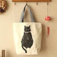 日本新款刺绣可爱卡通懒猫文艺范手拎袋复古棉麻布艺包日系手提包