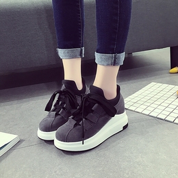2016秋季新款韩版女鞋低帮鞋青系带坡跟深口平跟防水台布磨砂鞋子