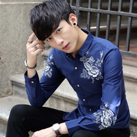 2016长袖衬衣男时尚新款韩版修身翻领青年学生印花白色蓝色衬衫潮