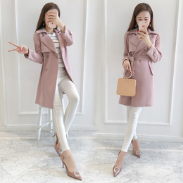 韩版女装秋装2016新款时尚百搭女式风衣 粉色中长款长袖大衣外套