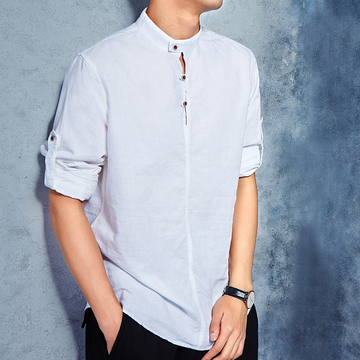 修身夏季韩版立领男士亚麻白短袖衬衫纯色七分袖衬衣休闲棉麻半袖