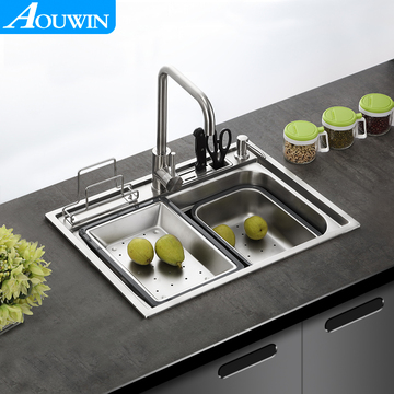 AOUWIN 304不锈钢多功能厨房水槽单槽洗菜盆带刀架菜板架加厚套餐